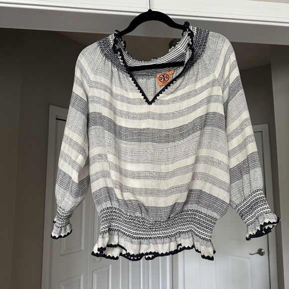 Tory Burch Blue Slubbed Linen Blend Kristen Top Size 4 Navy Blue White Frilly - Picture 1 of 9